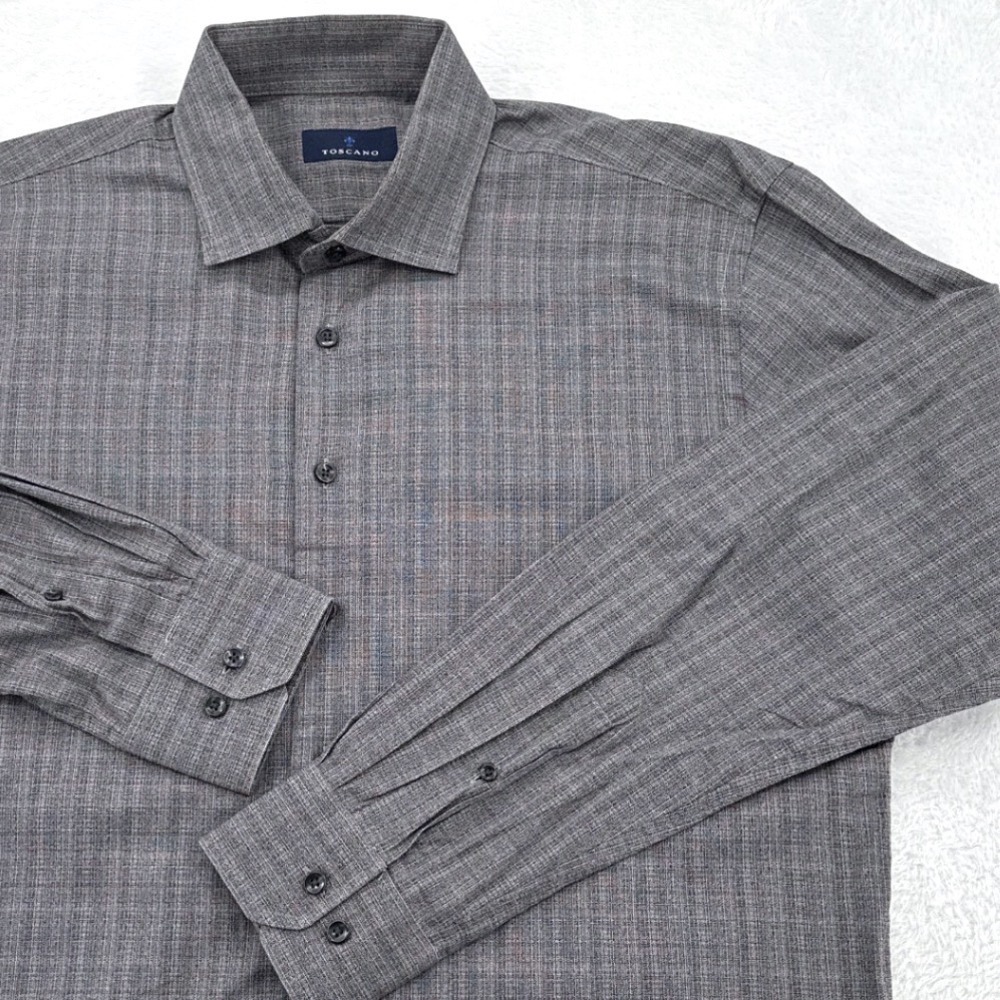 Toscano Mens Button Down Shirt Large Grey Textured Long Sleeve Cotton